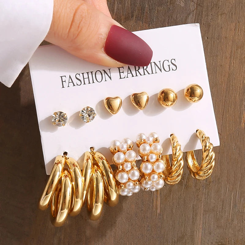 Vintage Geometric Pearl Earrings Set — Gold Tone Dangle & Stud Jewelry