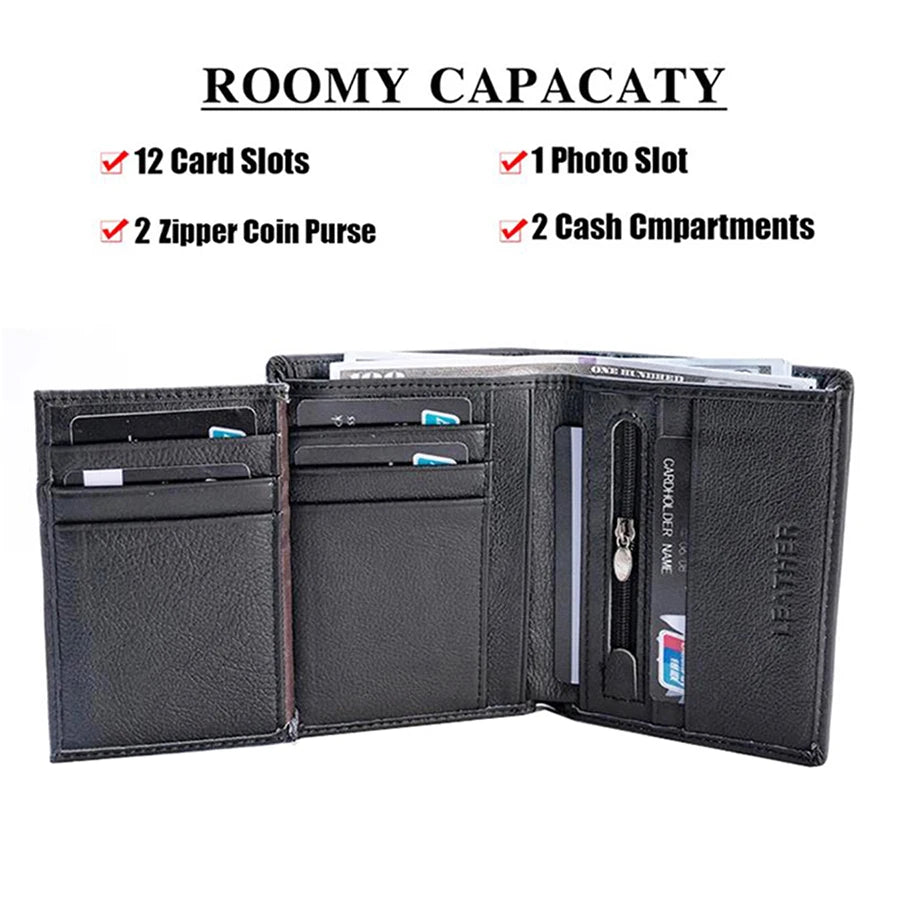 Men's Genuine Cow Leather Wallet — Vertical RFID Anti-Theft Business Purse
