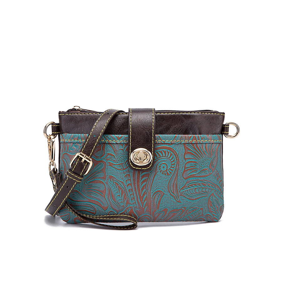 Floral Embossed Crossbody Bag — Multi-Compartment Shoulder Purse with Wristlet