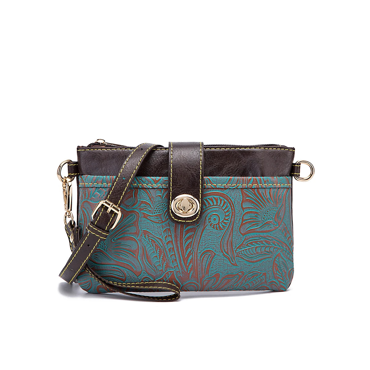 Floral Embossed Crossbody Bag — Multi-Compartment Shoulder Purse with Wristlet