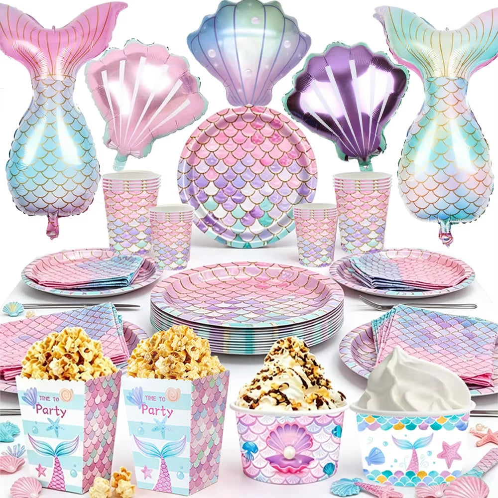 Mermaid Scales Pattern Party Supplies — Disposable Tableware Decor Set