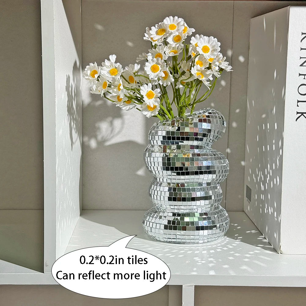 FngJiuyer Disco Ball Spiral Vase — Reflective Mirror Tile Flower Decor
