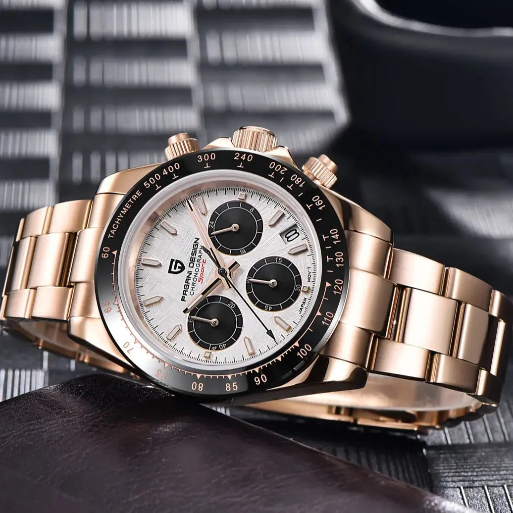 PAGANI DESIGN Luxury Chronograph Watch — Rose Gold Stainless Steel Sport Wristwatch