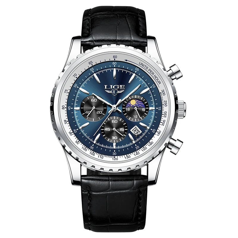 LIGE Luxury Men's Quartz Watch — Waterproof Leather Sport Chronograph