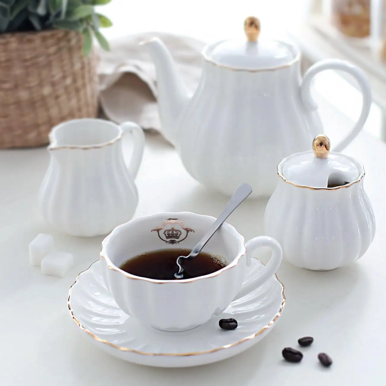 IOSN Pure White Porcelain Tea Set — Royal Style 18-Piece Service