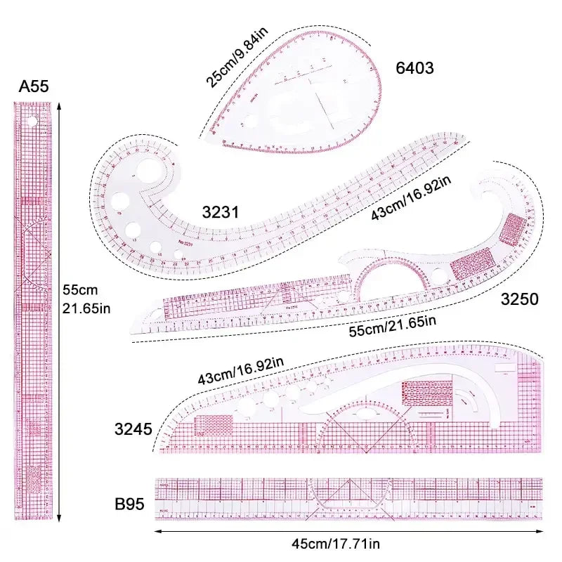 6-Piece French Curve Ruler Set — Flexible Templates for Tailoring & Sewing