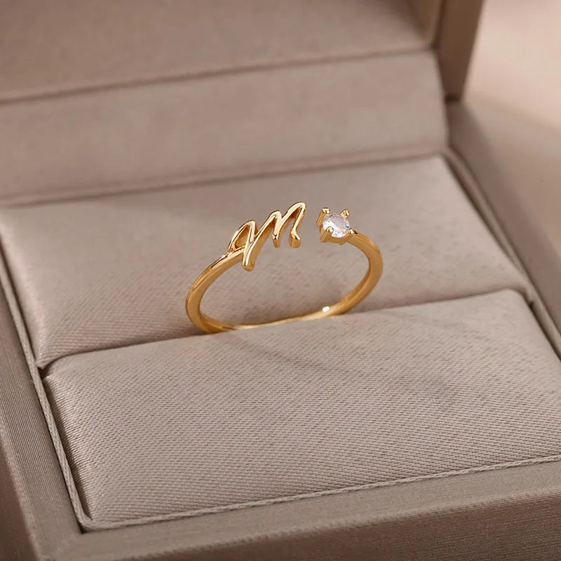 ICFTZWE Zircon Initial Letter Rings — Adjustable Stainless Steel Jewelry