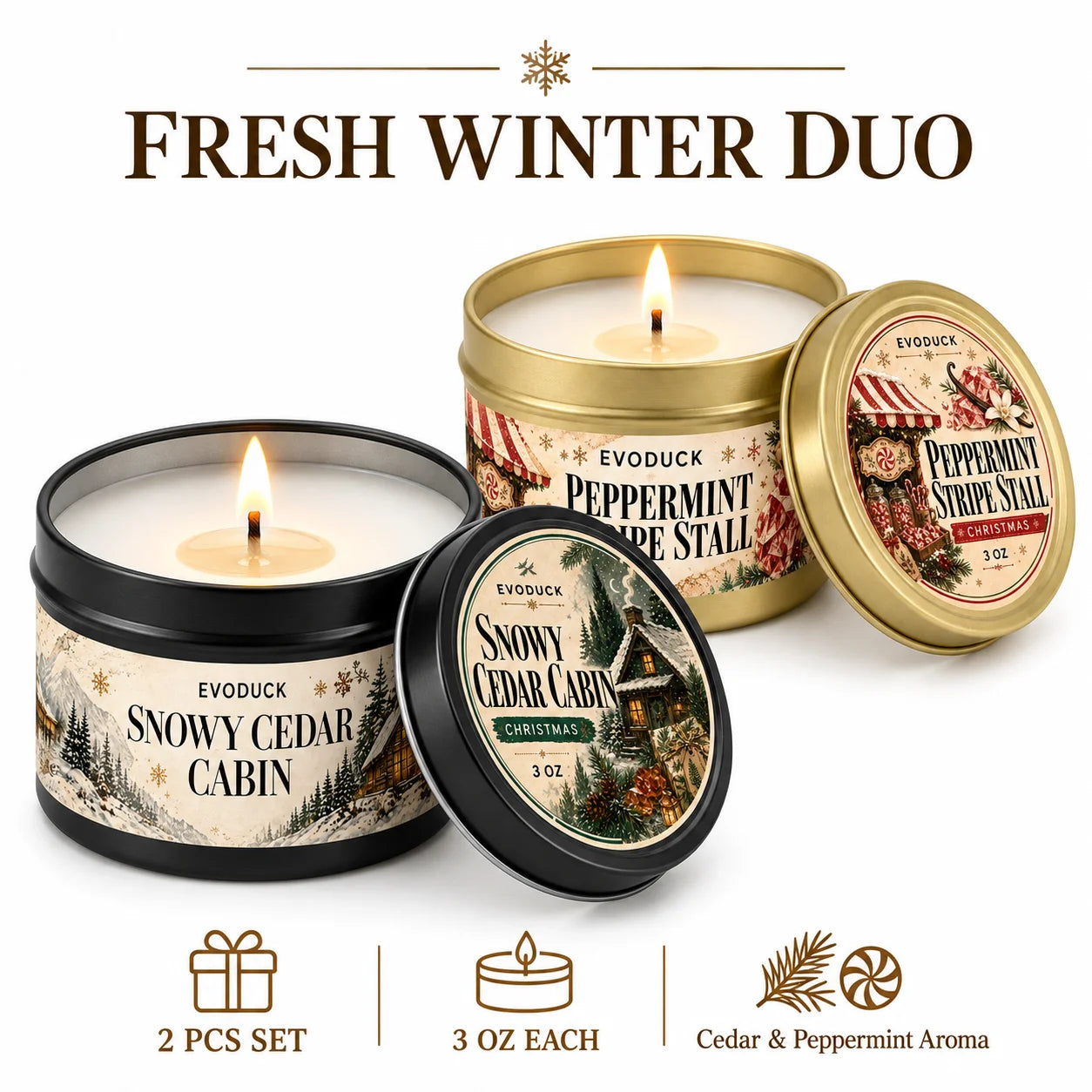 EVODUCK Vanilla Amber Cashmere Candle — Warm Scented Holiday Tin