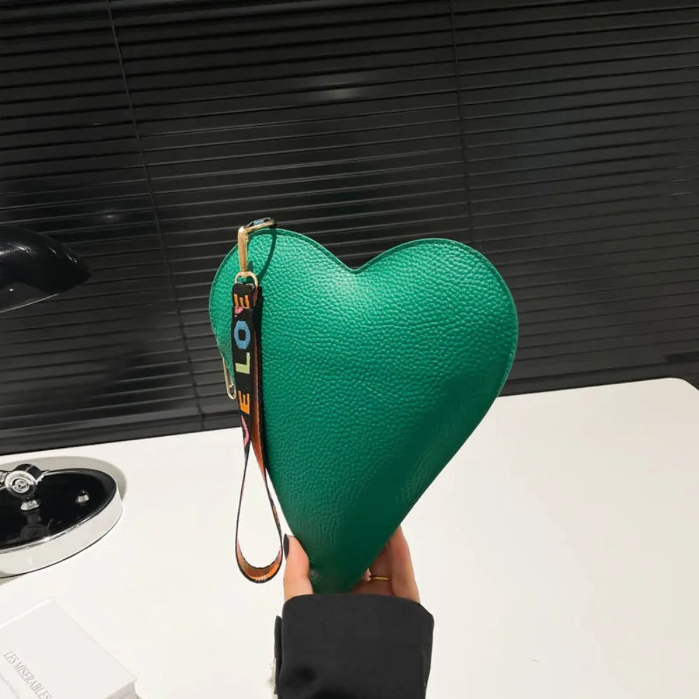 Heart-Shaped PU Leather Coin Purse — Trendy Zippered Wrist Clutch Wallet