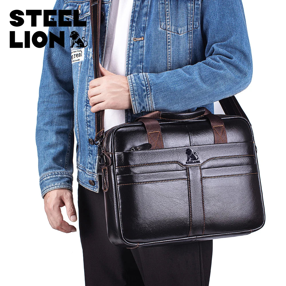 LAOSHIZI Leather Men's Briefcase — Large Capacity Business Office Bag