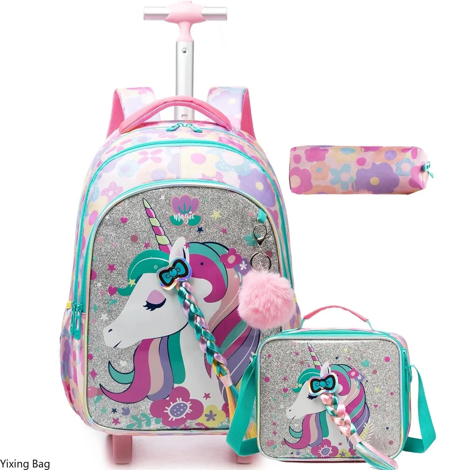Children's Rolling Backpack Set — Wheeled School Bag with Lunch Bag & Pencil Case