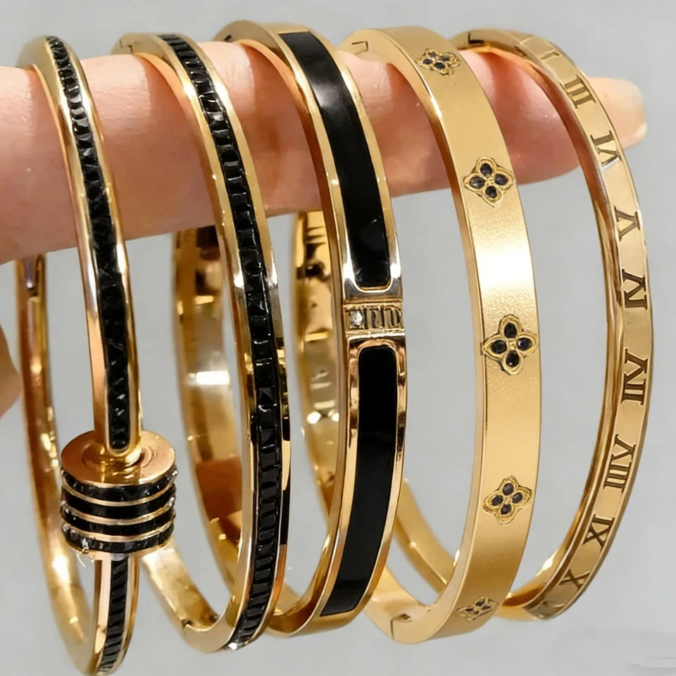 Sparkling Zirconia Stainless Steel Bracelet Set — Stackable Cuff Bangles for Women