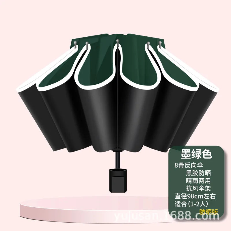 Automatic Three-Fold Umbrella — Windproof UV Protection with Black Coating
