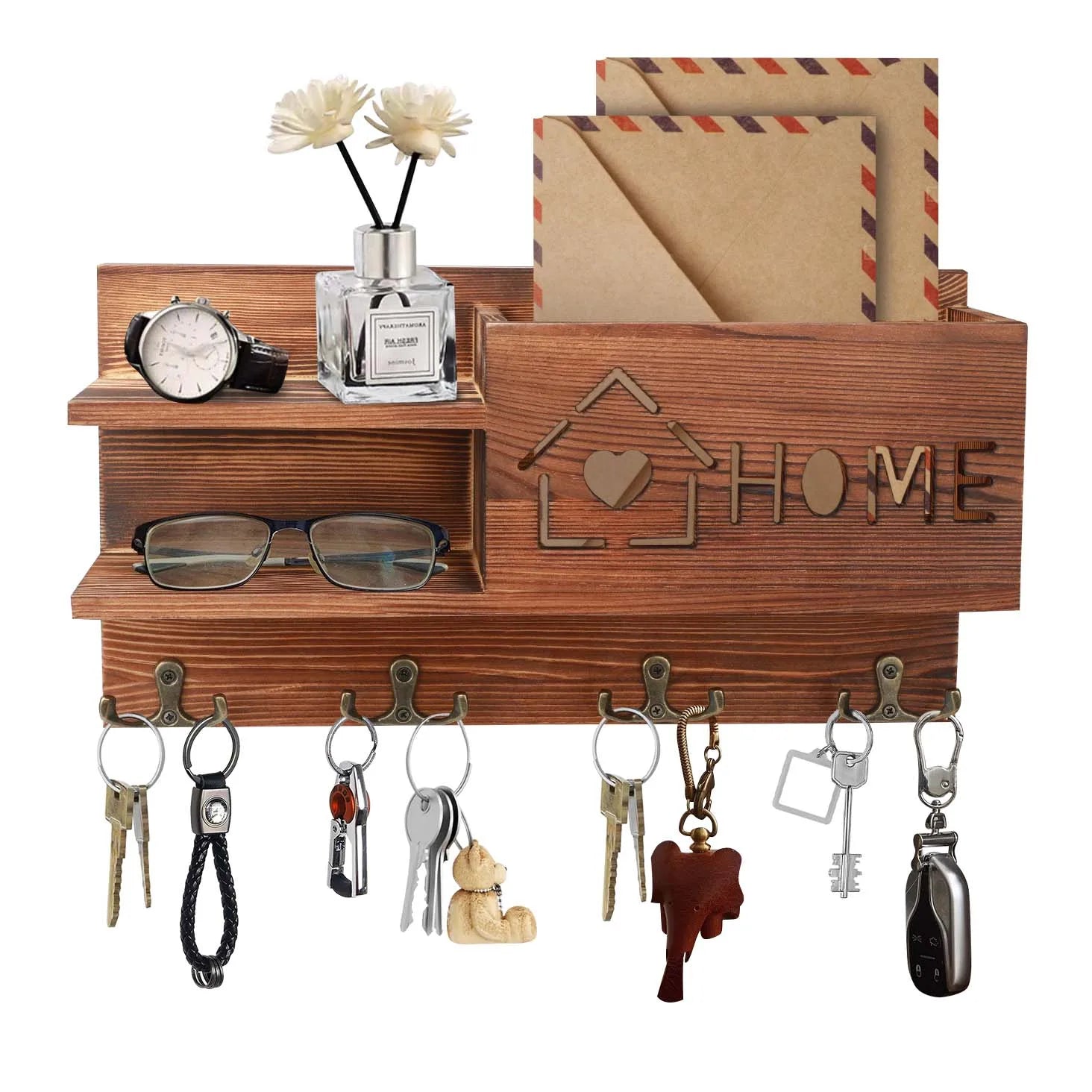 Wooden Mail and Key Organizer — Wall Mounted Storage with 4 Double Hooks