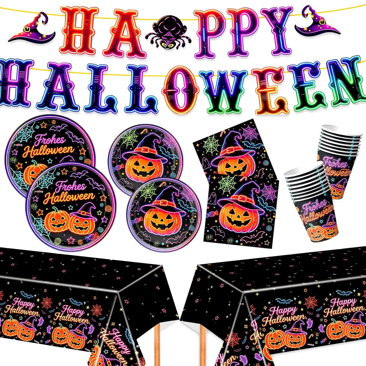 RENYUAN Neon Pumpkin Disposable Tableware Set — Festive Party Decor