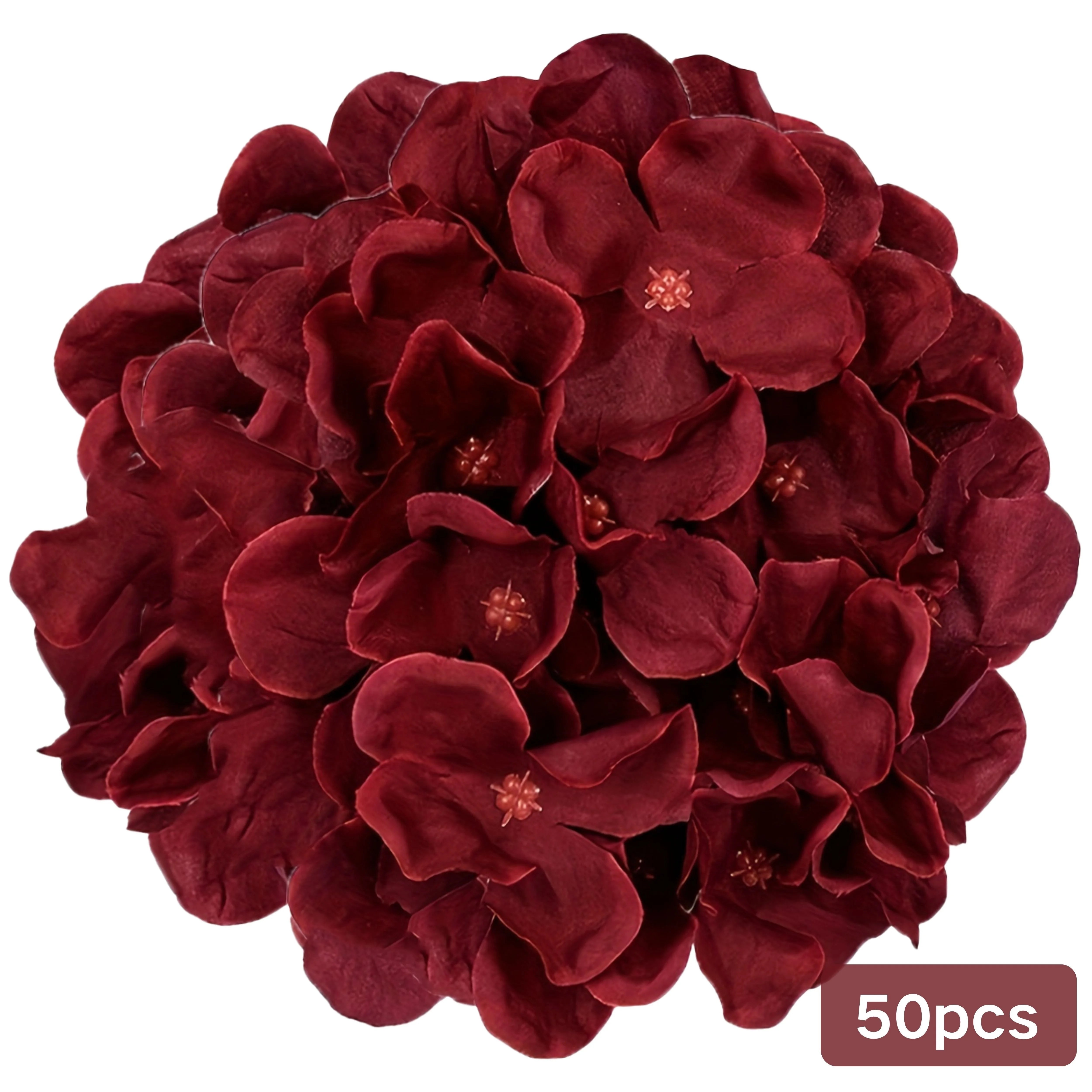 Burgundy Hydrangea Flower Heads — 50 Piece Fabric Floral Set for Decor