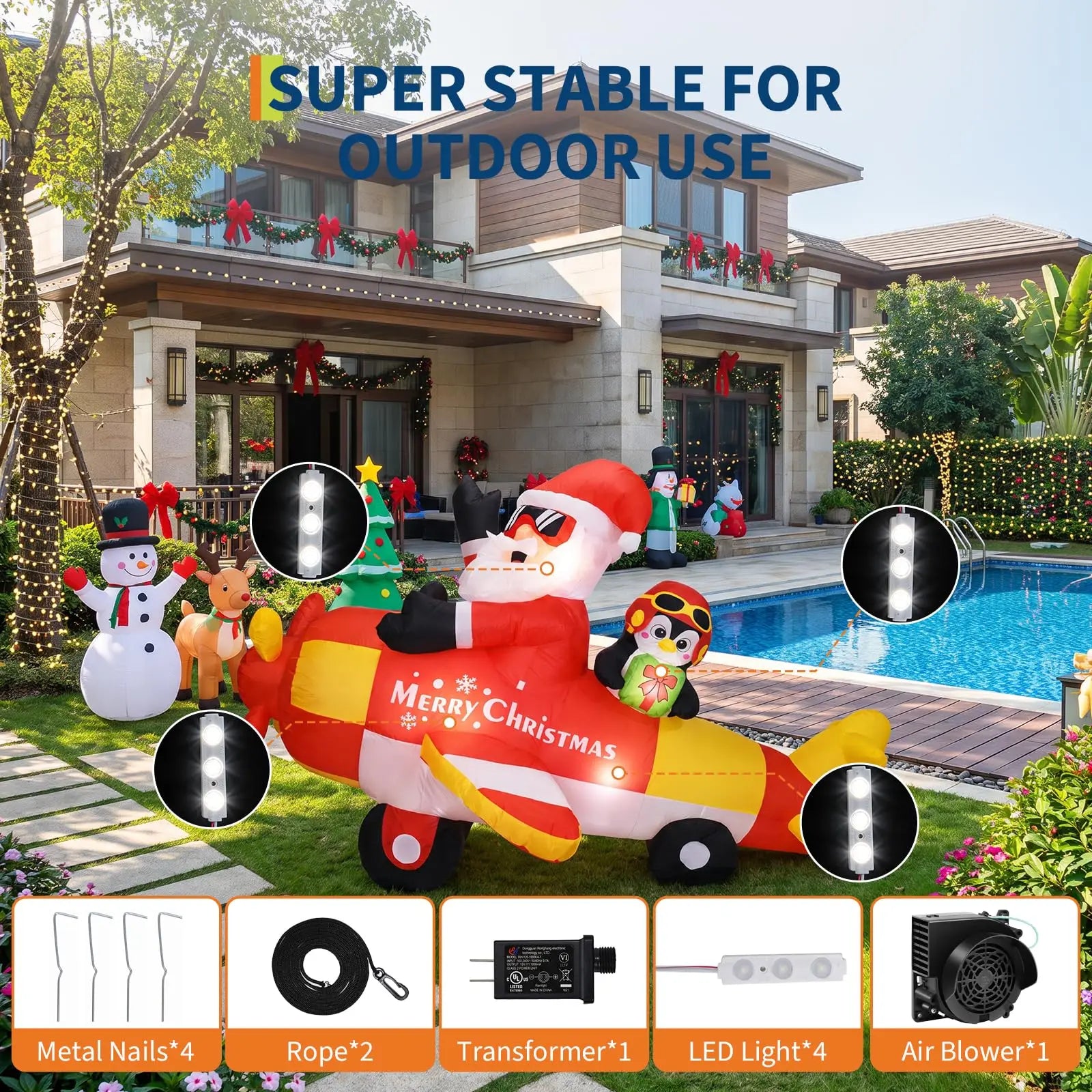 Santa and Penguin Inflatable Airplane — 8ft Outdoor Christmas Decor