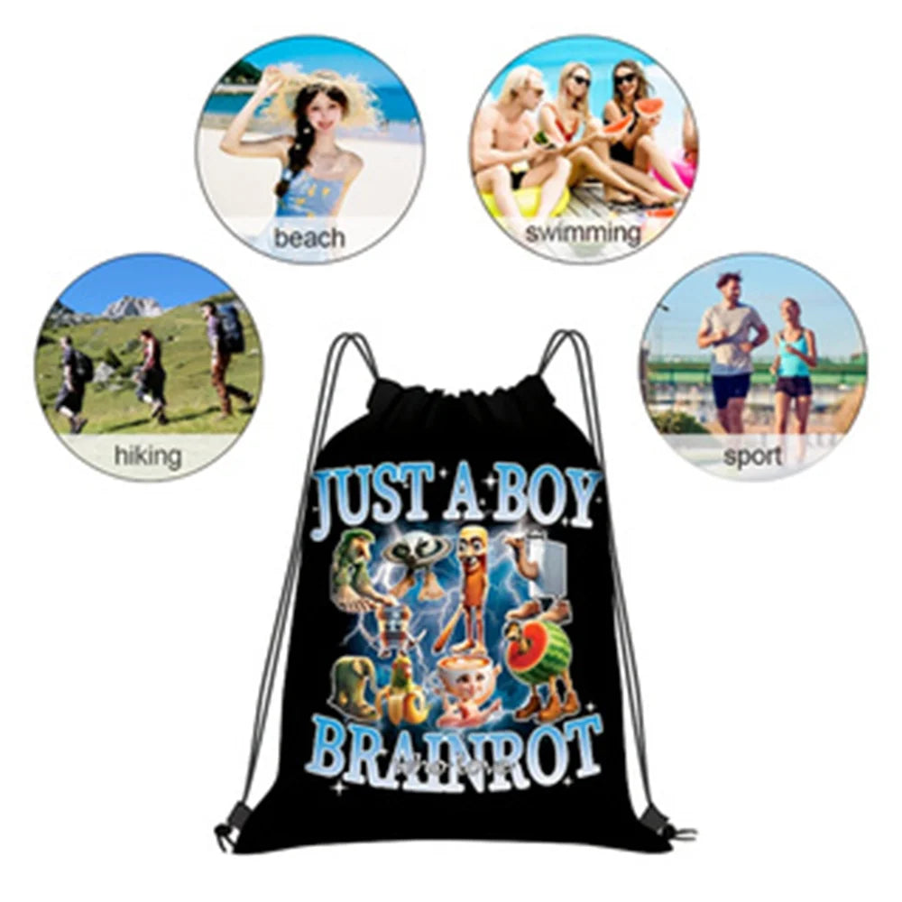 Cartoon Print Drawstring Bag — Waterproof Polyester Backpack for Sports & School