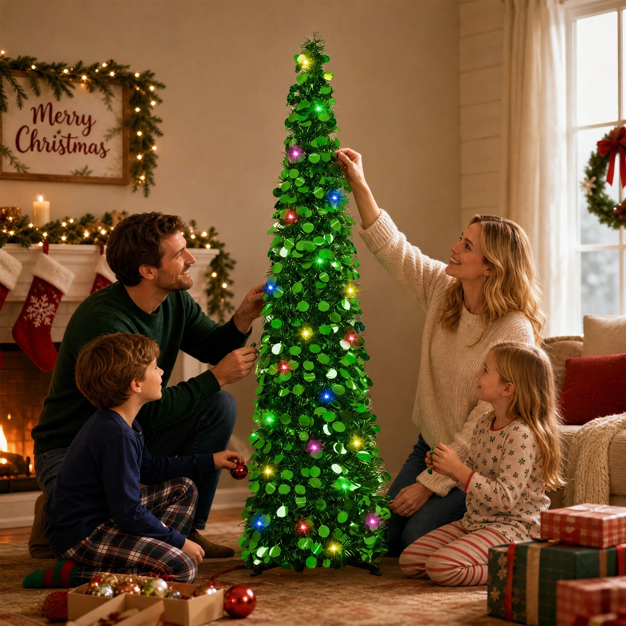 GAOMON 5 FT Pre-Lit Slim Pencil Tinsel Christmas Tree — Space-Saving Pop-Up Design