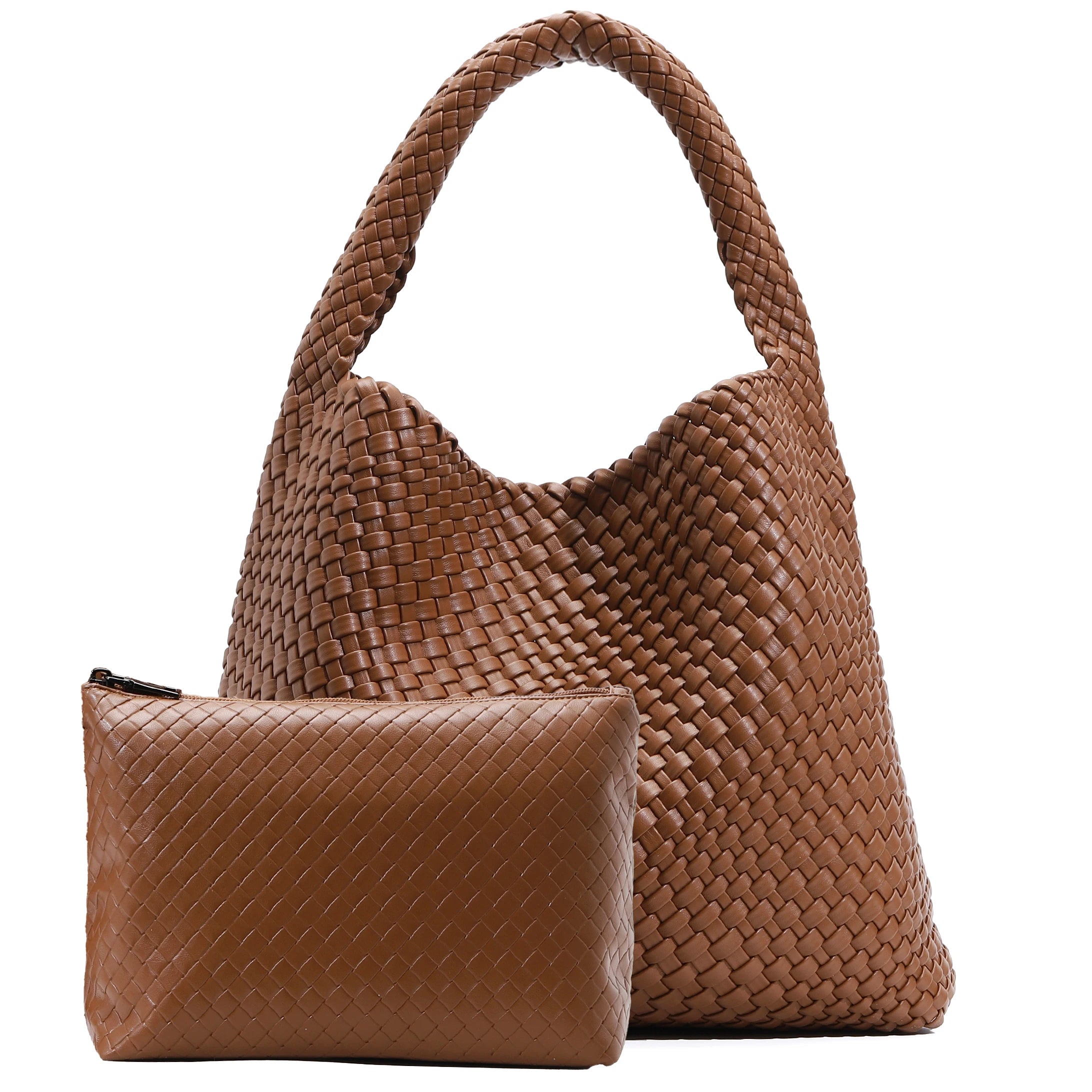 Handwoven Vegan Leather Tote Bag — Large Capacity Shoulder Bag with Clutch