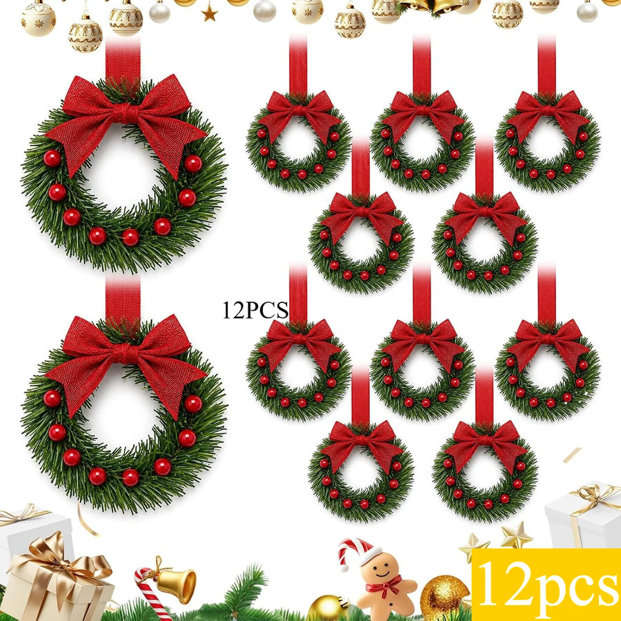 12-Piece Mini Christmas Wreath Set — Small Hanging Holiday Decor for Home and Office