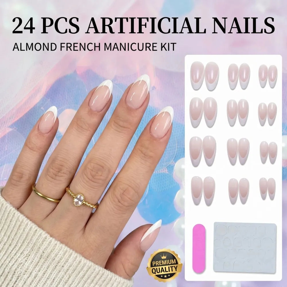 French Tip Press On Nails — Almond Shaped Full Cover Fake Nails