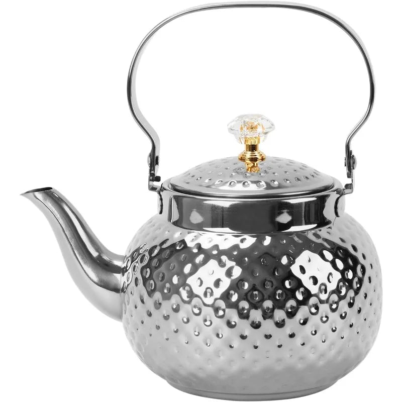 Hammered Stainless Steel Tea Kettle — Vintage Style Pot with Strainer