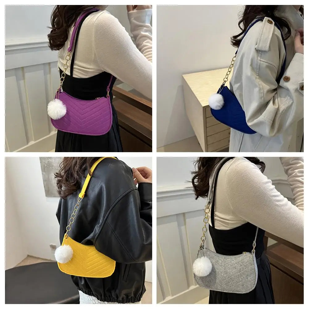Mini Felt Shoulder Bag — Stylish Underarm Handbag with Pom-Pom Detail