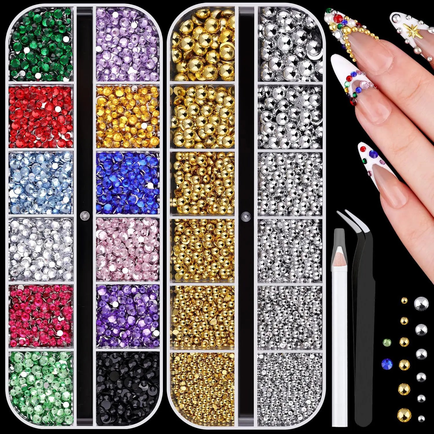 NamPhuong Nail Rhinestones Set — Multi-Color Crystal Gems with Tools