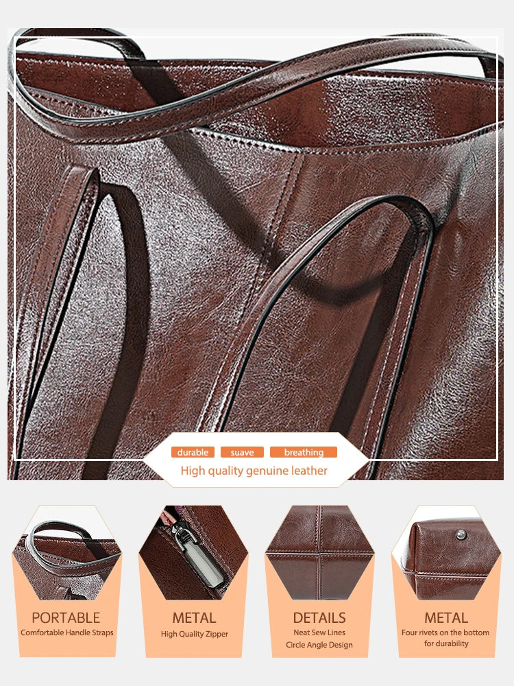 ZENCY Genuine Leather Tote Bag — Large Capacity Shoulder Bag for Work & Travel