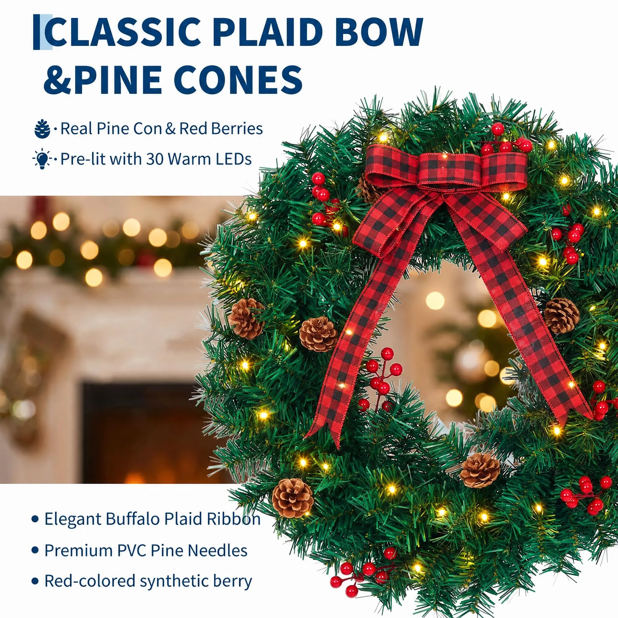 GAOMON Pre-Lit Christmas Wreath — Battery Powered LED Holiday Decor