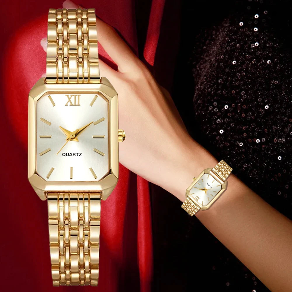 Women's Rectangular Quartz Watch & Bracelet Set — Elegant Fashion Accessory