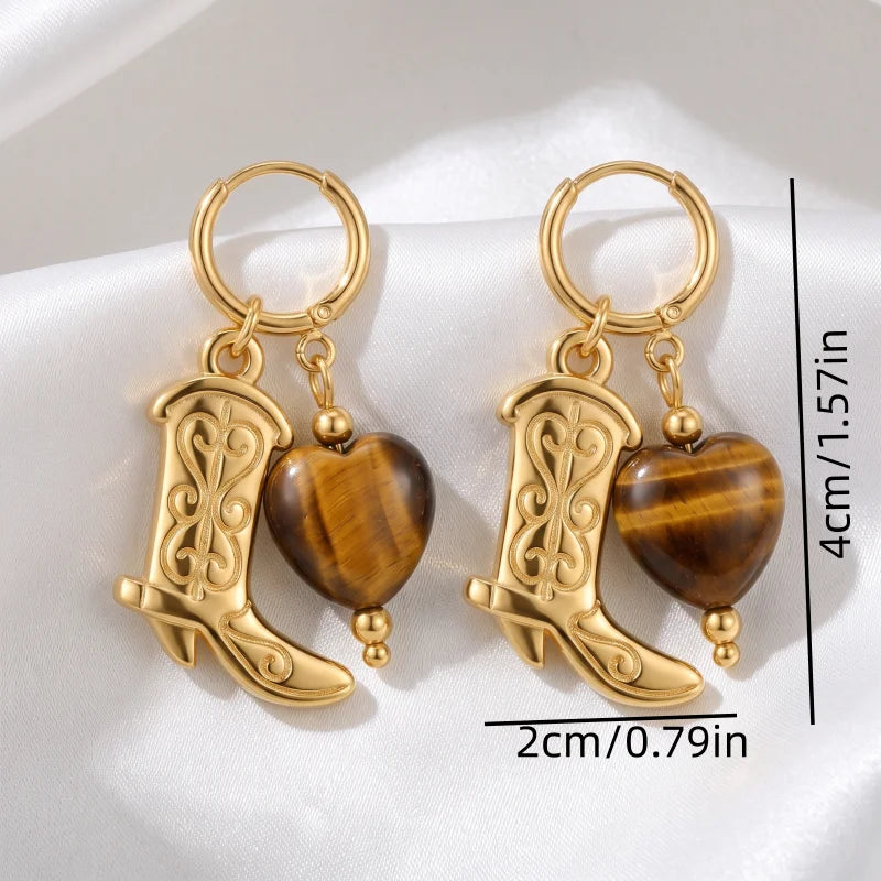 Obega Cowboy Boot & Tiger Eye Heart Earrings — Boho Western Dangle Huggies