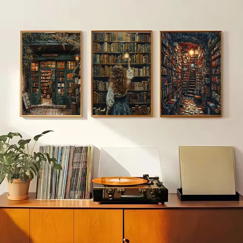 Vintage Bookstore Canvas Painting — Dark Academia Floral Wall Art