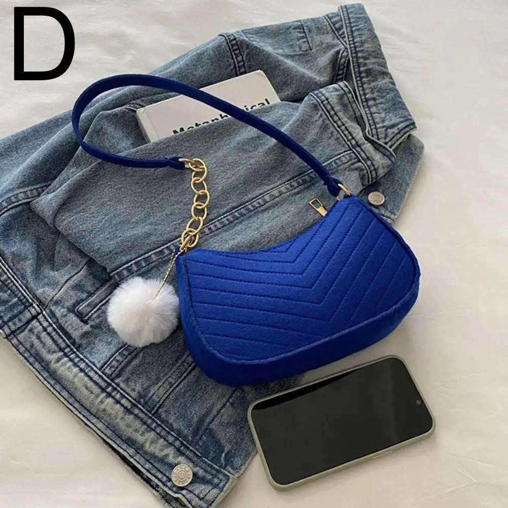 Mini Felt Shoulder Bag — Stylish Underarm Handbag with Pom-Pom Detail