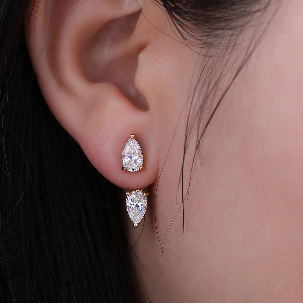 FEOBUR Moissanite Pear Cut Ear Jackets — 925 Sterling Silver Waterdrop Studs