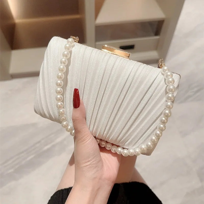 YIYUEQIANLI Silk Evening Bag — Elegant Pearl Chain Clutch for Weddings