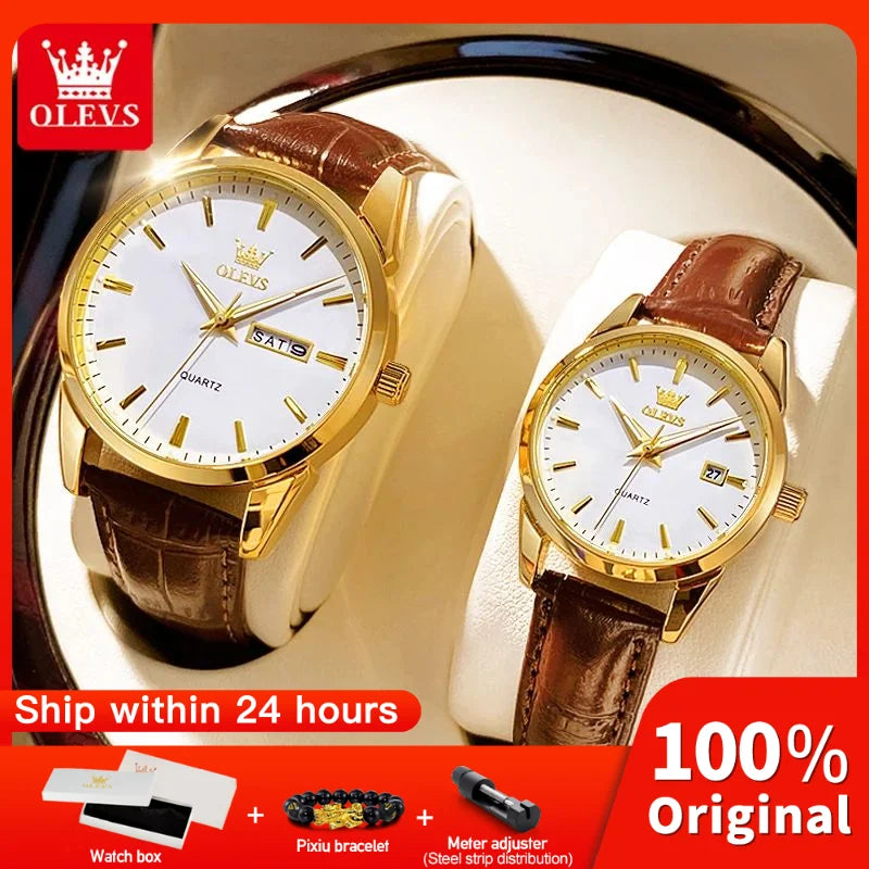 OLEVS 6898 Couple Watches — Luxury Quartz Wristwatch Set with Calendar