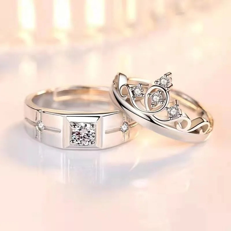 Luxury Zircon Couple Rings — Shiny Crown and Heart Design for Lovers