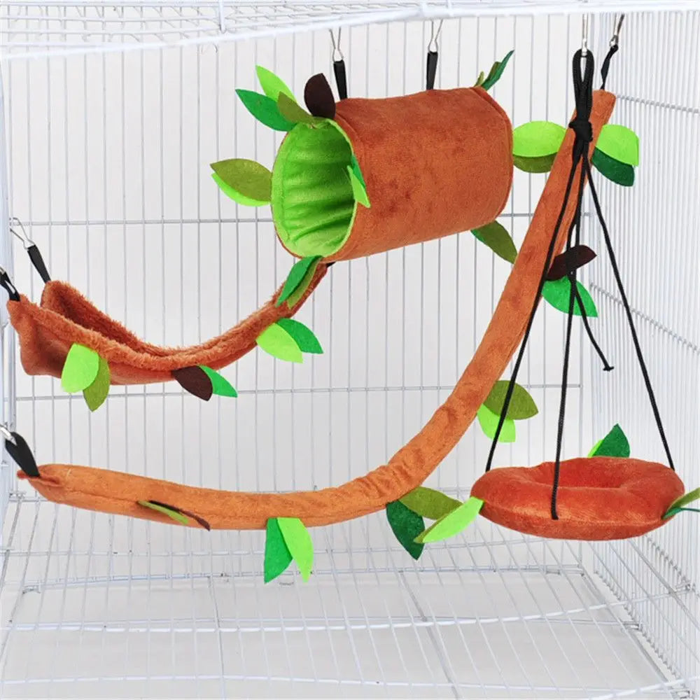 Small Animal Hanging Hammock Set — Soft Plush Cage Bed & Tunnel