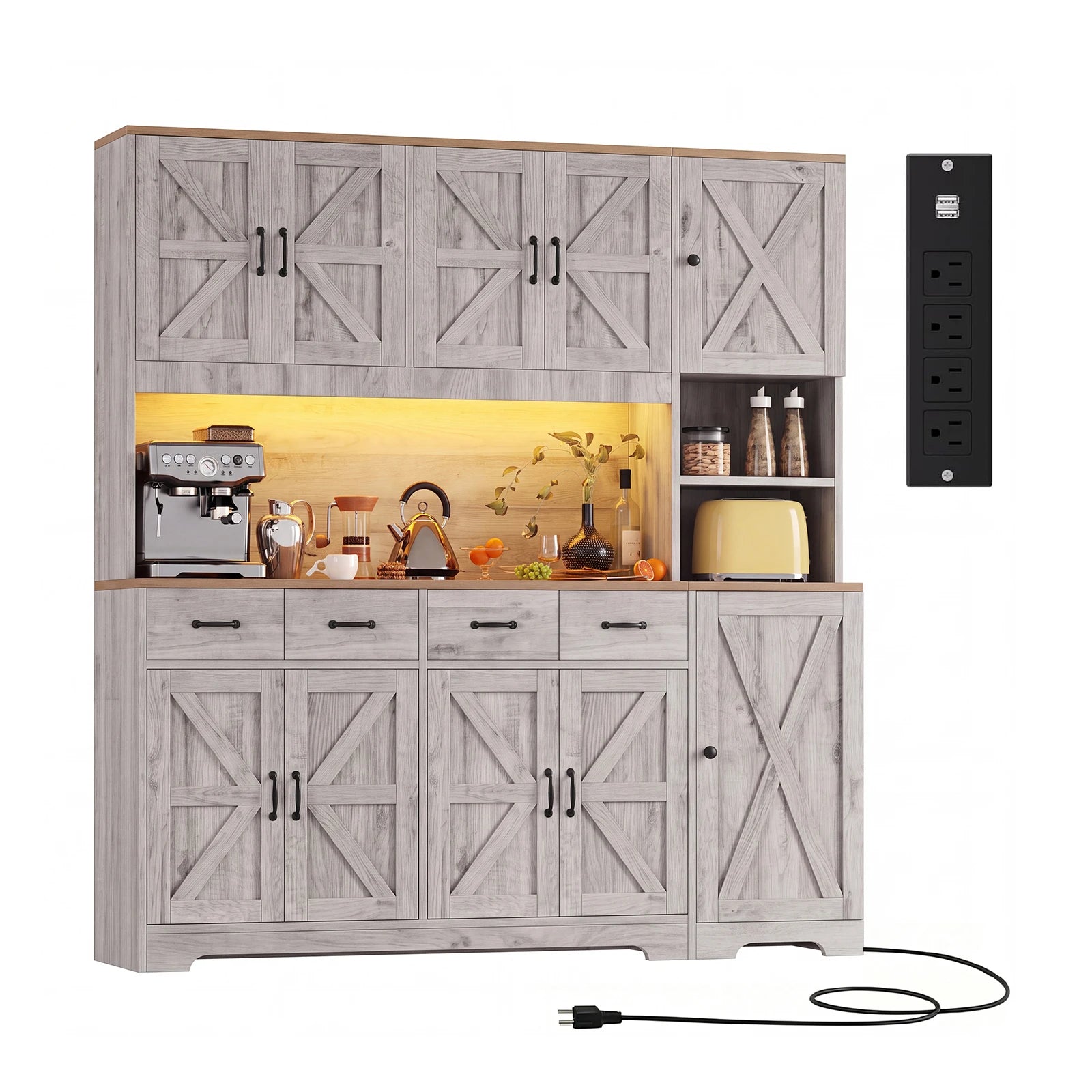 Yanosaku Grey Farmhouse Kitchen Pantry — Slim Storage Cabinet with Charging Station