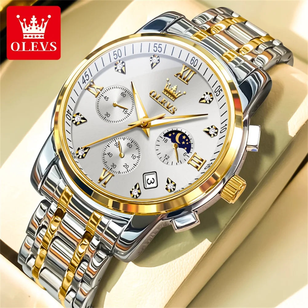 OLEVS 2858 Men's Luxury Watch — Stainless Steel Moon Phase Chronograph