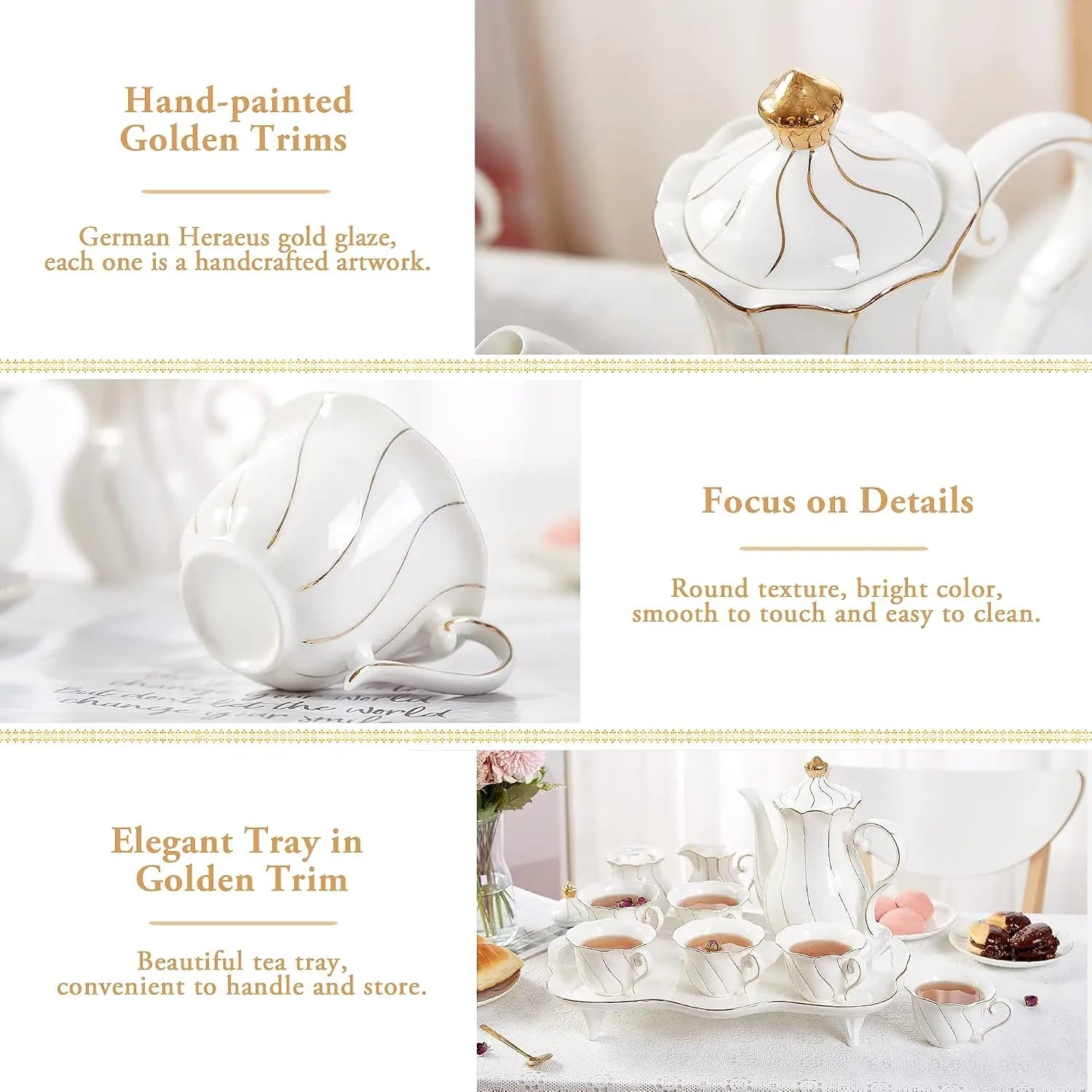 IOSN 14-Piece Porcelain Tea Set — Elegant Gold Trim Coffee & Tea Service