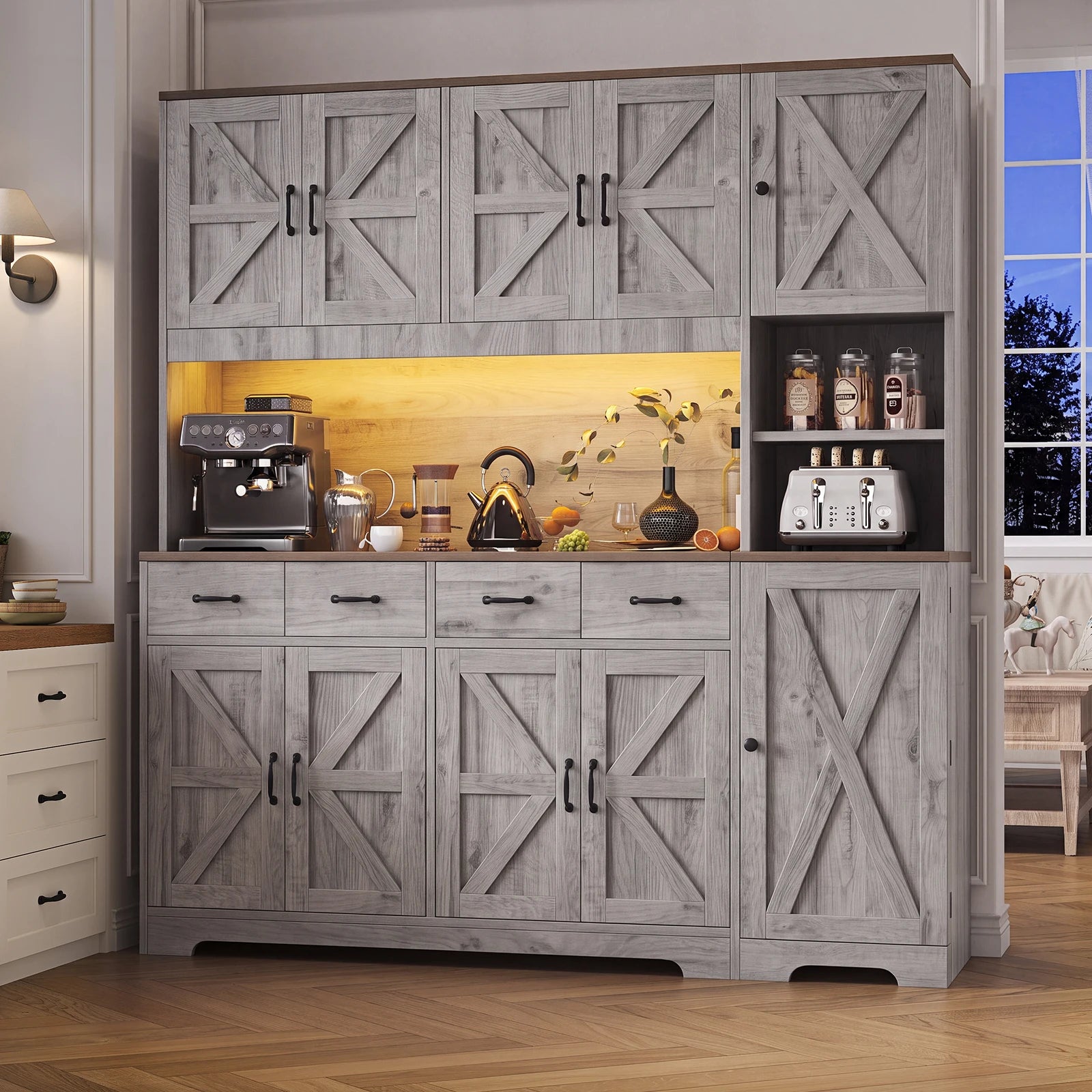 Yanosaku Grey Farmhouse Kitchen Pantry — Slim Storage Cabinet with Charging Station