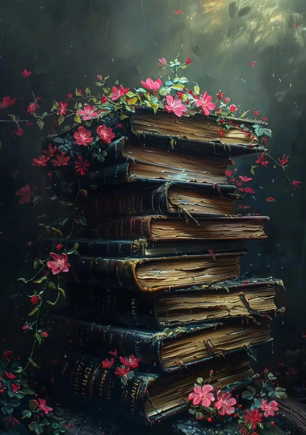 Vintage Bookstore Canvas Painting — Dark Academia Floral Wall Art