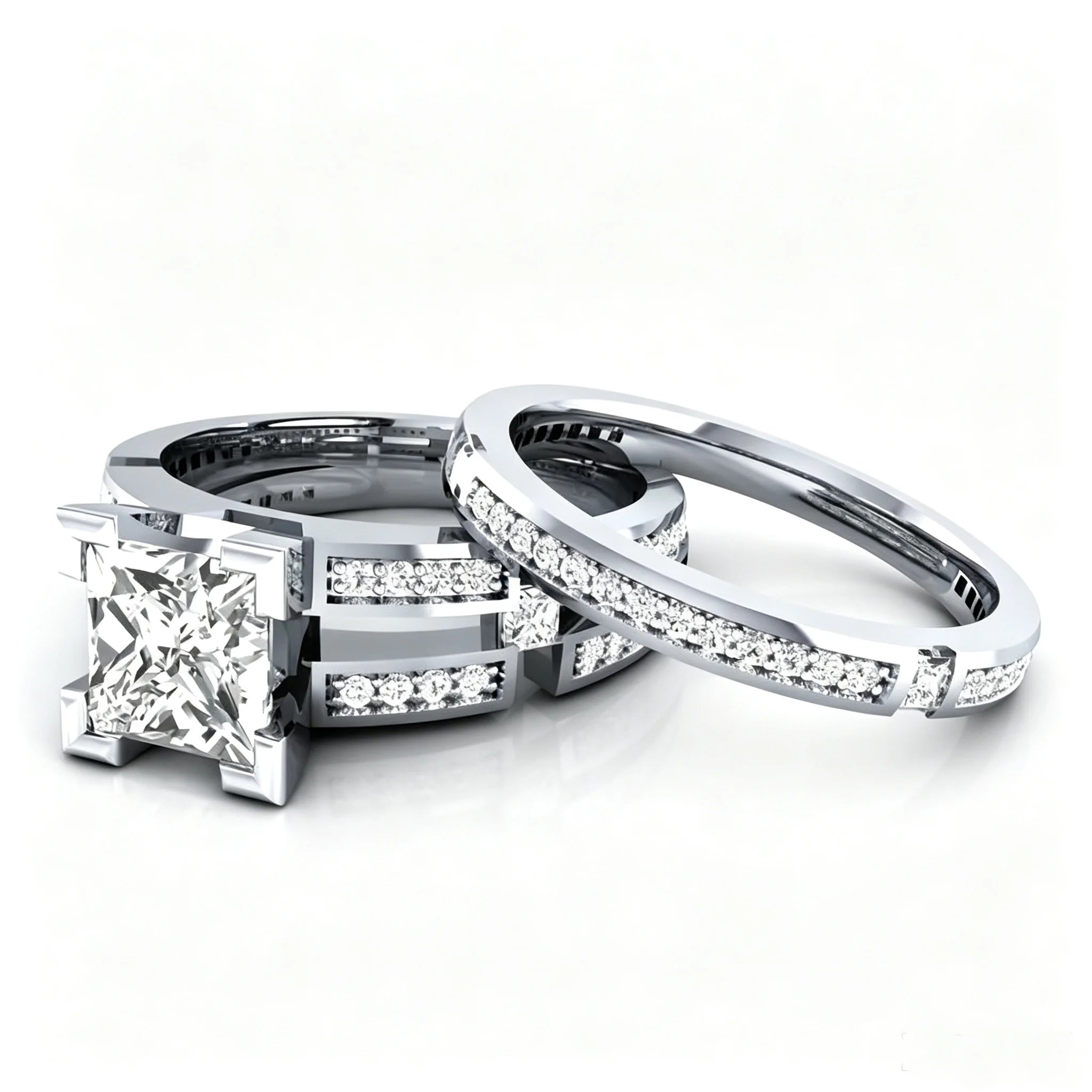LYEE CYEE Princess Cut Moissanite Bridal Ring Set — Sterling Silver Wedding Bands