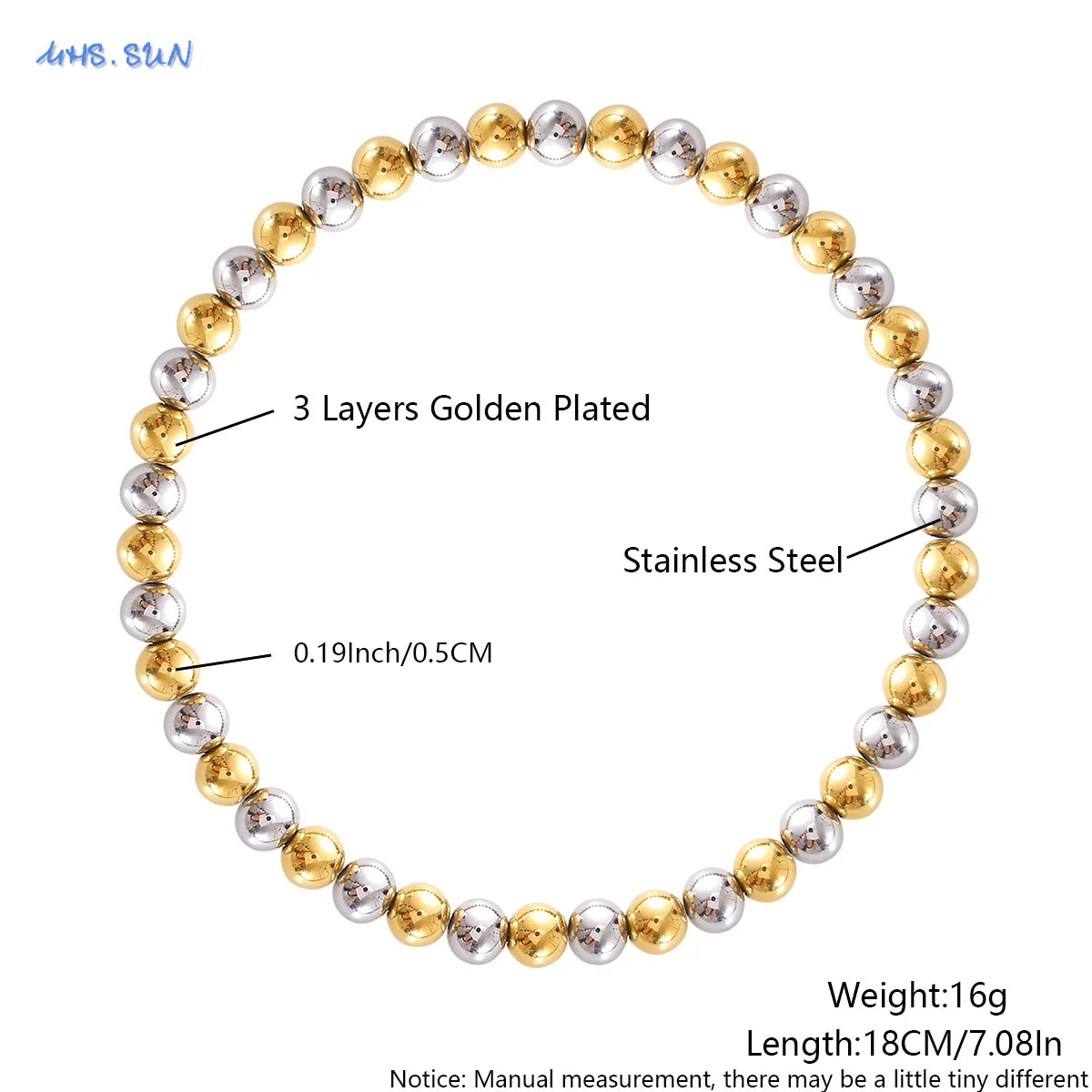 MHS.SUN Stainless Steel Beaded Bracelet — Gold Plated Stackable Jewelry