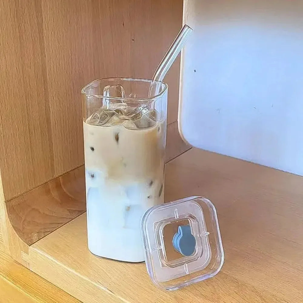 Square Glass Coffee Cup with Lid and Straw — Heat Resistant Drinkware