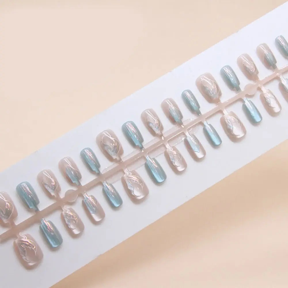Square False Nail Tips — French Style Cat Eye Full Cover Set