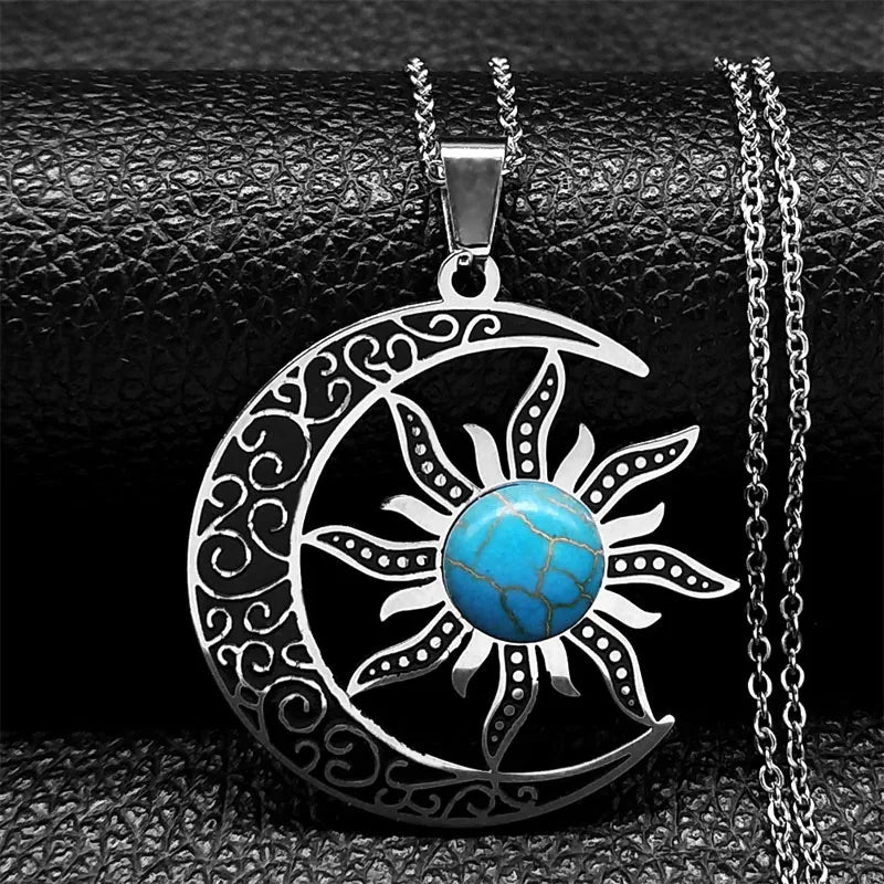 JYTF Moon and Sun Pendant Necklace — Vintage Stainless Steel Jewelry